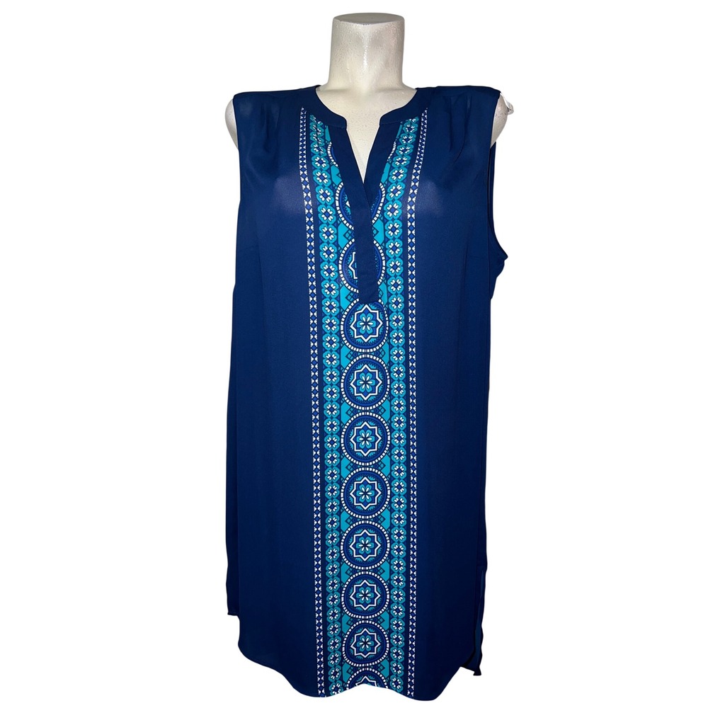 DR2 Womens Navy Blue Geometric Medallion Sleeveless Tunic Top Womens Size 1X